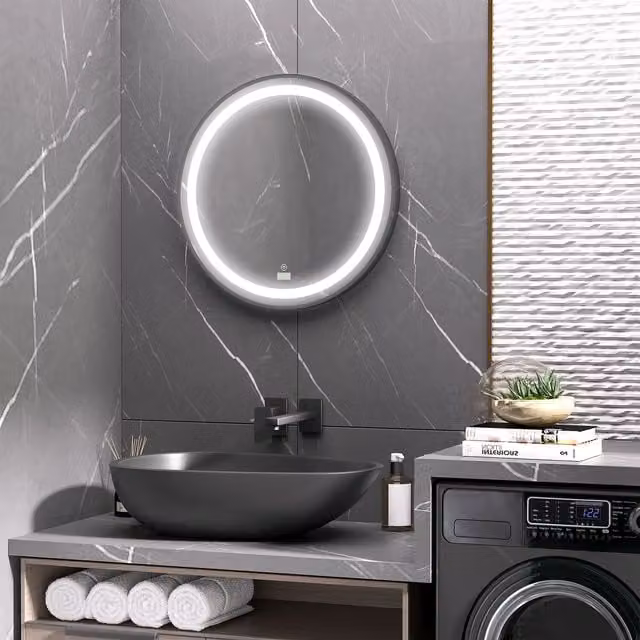 kleankin Round LED Dimmable Bathroom Mirror with 3 Colour Temperatures in Black