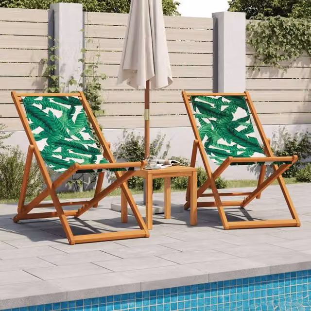 Berkfield Home Set of 2 Folding Beach Chairs with Green Floral Fabric and Solid Wood Frames – 1