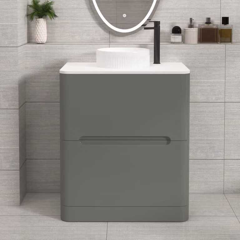 Royal Bathrooms Venice 700mm Sage Green Floor Standing Vanity Unit with 2 Drawers, Plain White Worktop and Round Basin