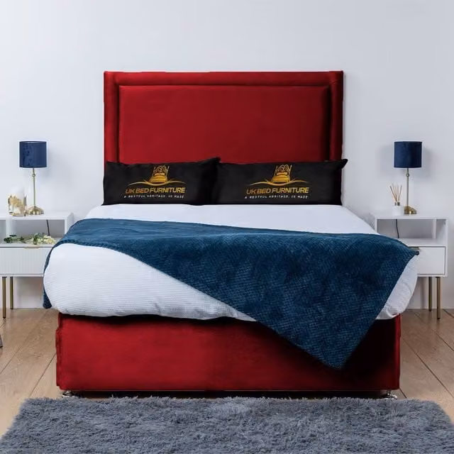 UK Bed Furniture Ascot Divan Bed Base with 26 Inch Headboard in Red Velvet, Super King, W: 200 cm x D: 200 cm
