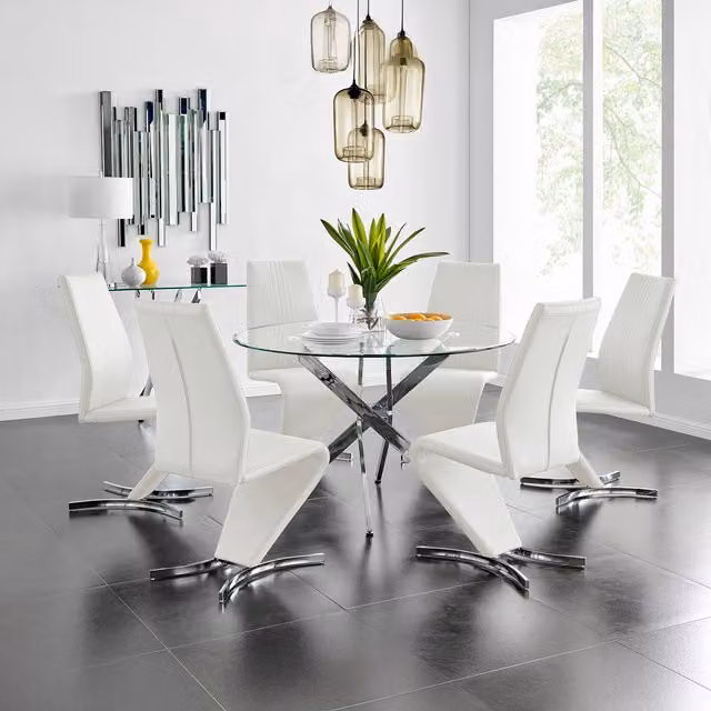 FurnitureboxUK Novara Round Glass Dining Table with 6 White Willow Chairs Set