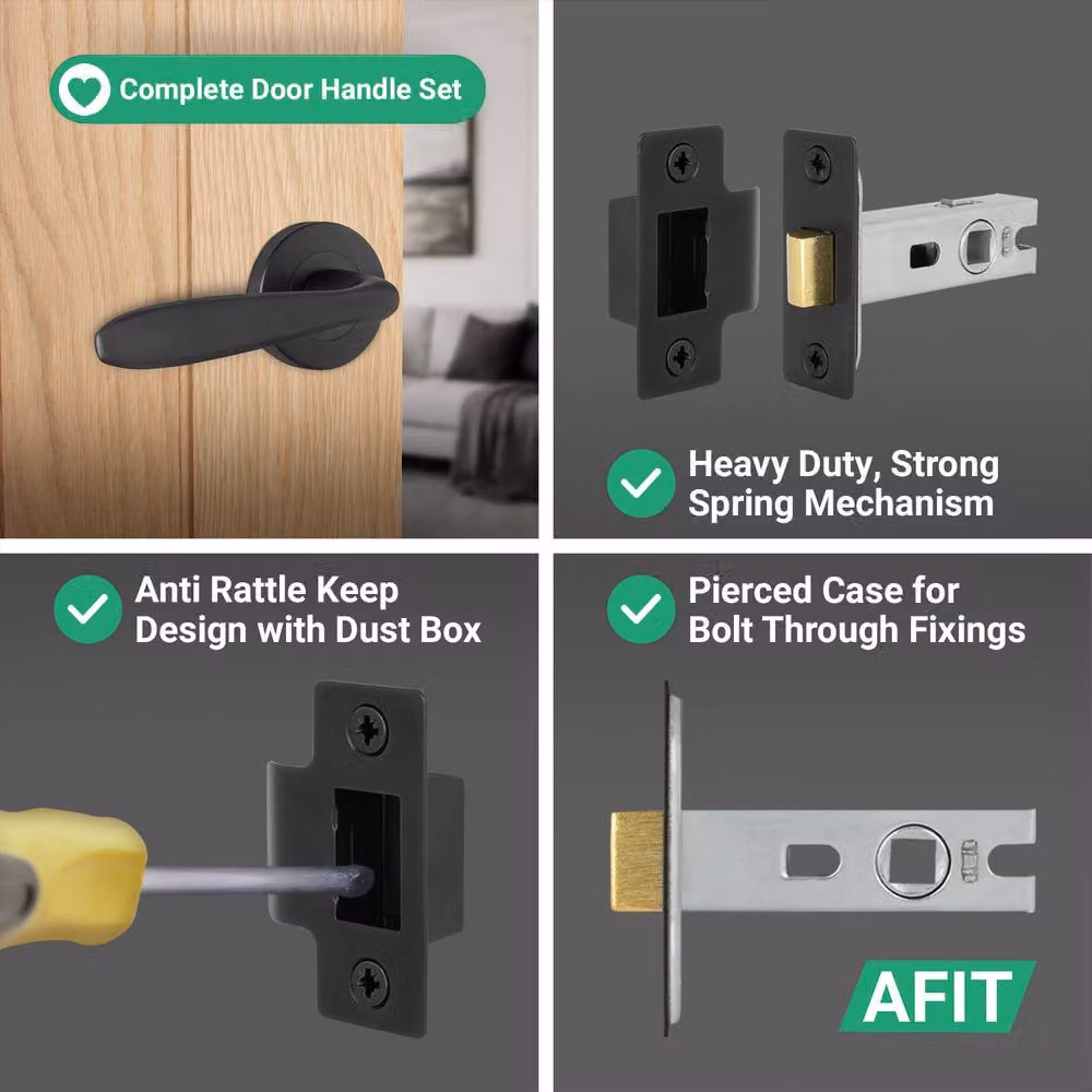AFIT Matt Black Curved Door Handle Latch Set with Round Rose, 6 Pairs, 64mm Spacing, W/D/H: 15 x 15 x 1.5 cm – 4