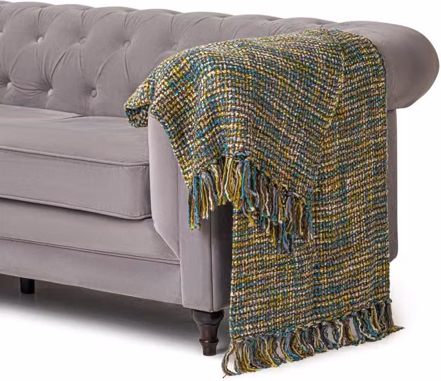 Livinluxury Jacquard Polyacrylic Throw in Blue, Green and Multicolour, W: 180 cm, D: 115 cm