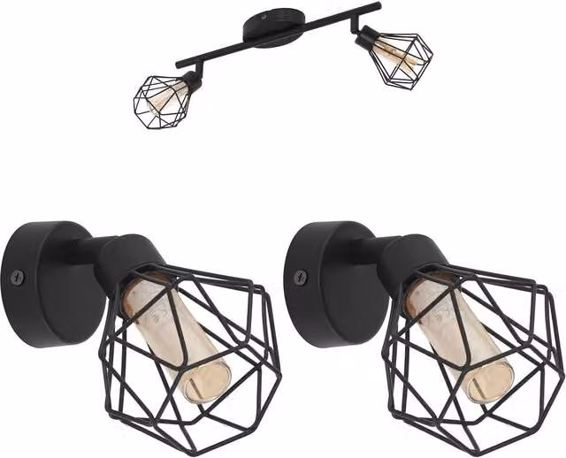 Loops Modern Black Metal Ceiling Spotlight and Matching Wall Light Set with Adjustable Cage Design