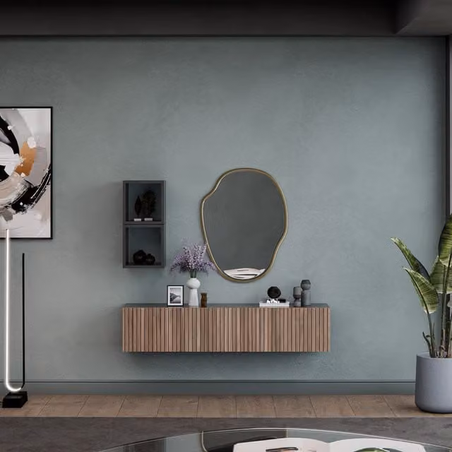 Decorotika Modena Wall Mounted Entertainment Center in Black and Brown with Geometric Alina Pattern