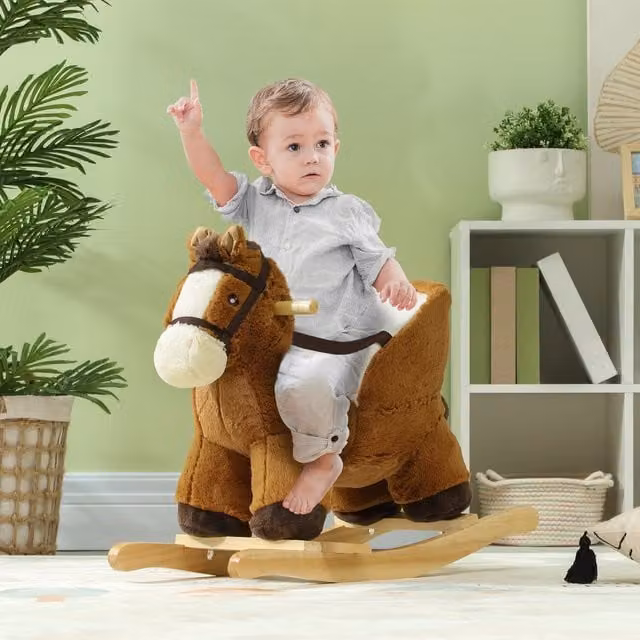 AIYAPLAY Kids Wooden Rocking Horse with Sound and Safety Belt in Brown