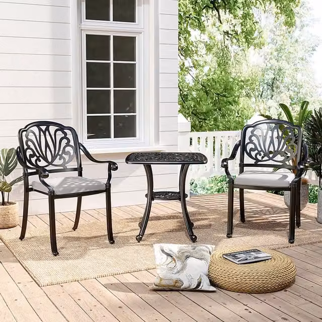 Livingandhome Black Powder Coated Aluminium Garden Dining Set with Square Table and 3 Chairs