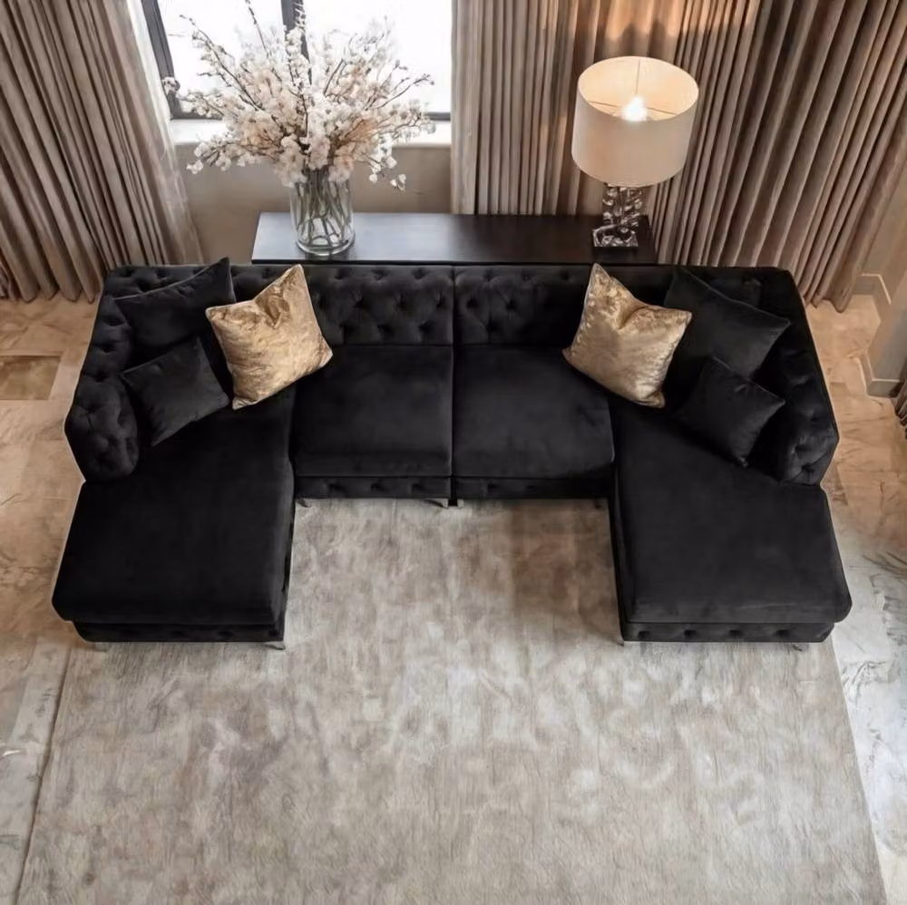 Sofaya Monaco 4 Seater Chesterfield U-Shaped Chaise Sofa in Black Velvet – 4