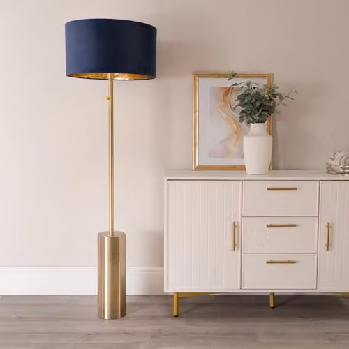 ValueLights Lexy Dimmable Floor Lamp in Antique Brass with Navy Blue Velvet and Gold Inner Shade – 2