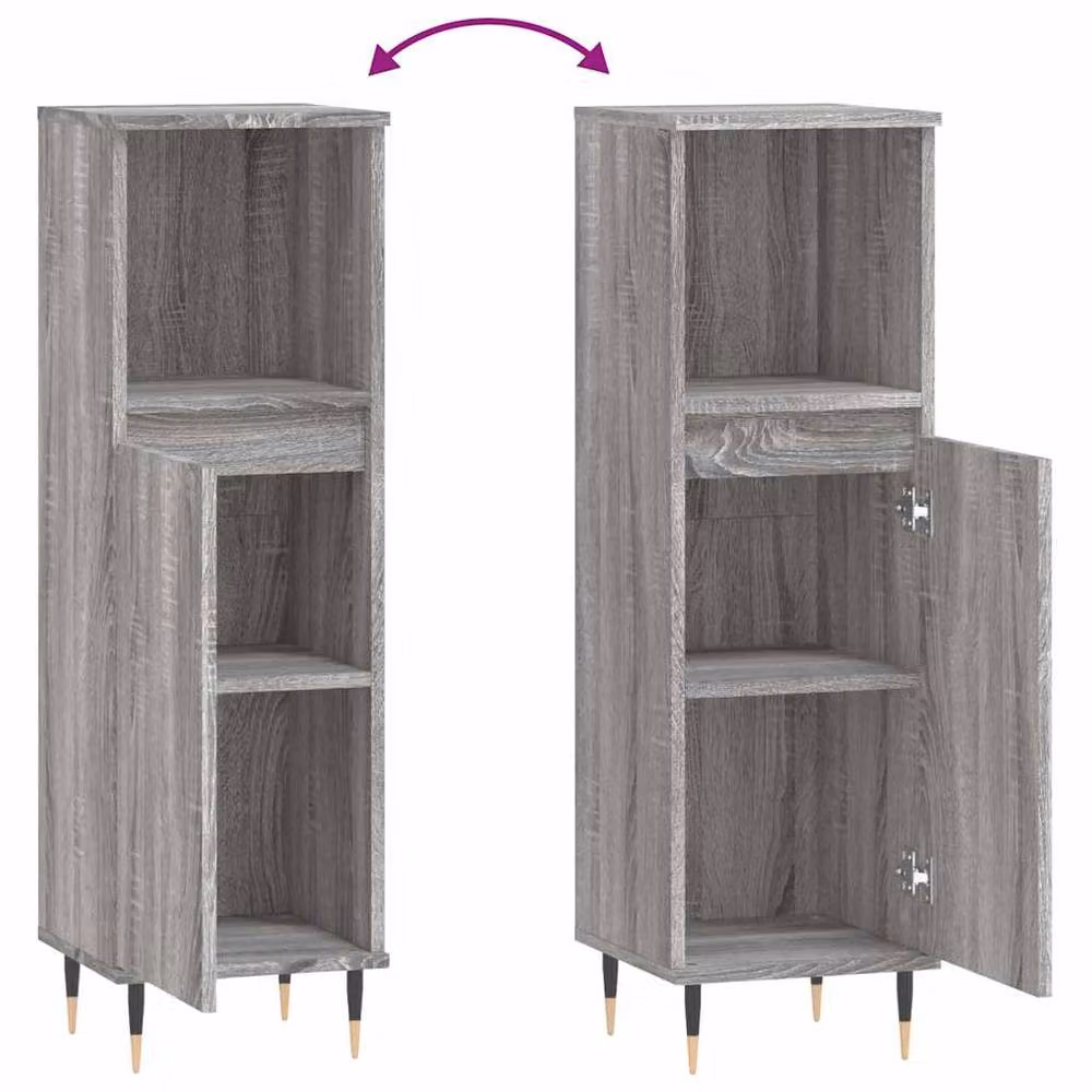 Berkfield Home Grey Sonoma Freestanding Bathroom Cabinet with Hinged Doors and Open Shelf, W/D/H: 30 x 30 x 100 cm – 3