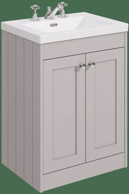 Balterley 600mm Floor Standing 2 Door Bathroom Unit with 3 Tap Hole Basin in Pebble Grey – 1