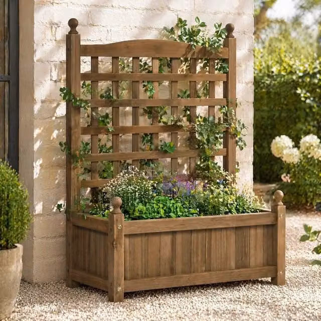 STILVORA Brown Wooden Garden Planter with Trellis Structure, W/D/H: 75.0 x 64.0 x 28.0 cm – 1