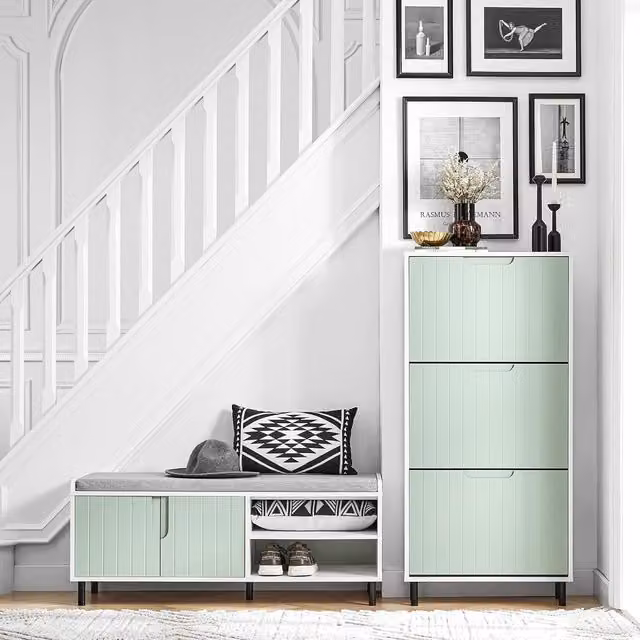 SoBuy Modern Shoe Bench in White and Green with Fabric Seat