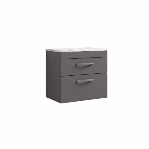 Balterley Grey Wall Hung Bathroom Vanity Unit with 2 Soft Close Drawers and Carrara Marble Worktop W/D/H: 60.5 x 39 x 56 cm