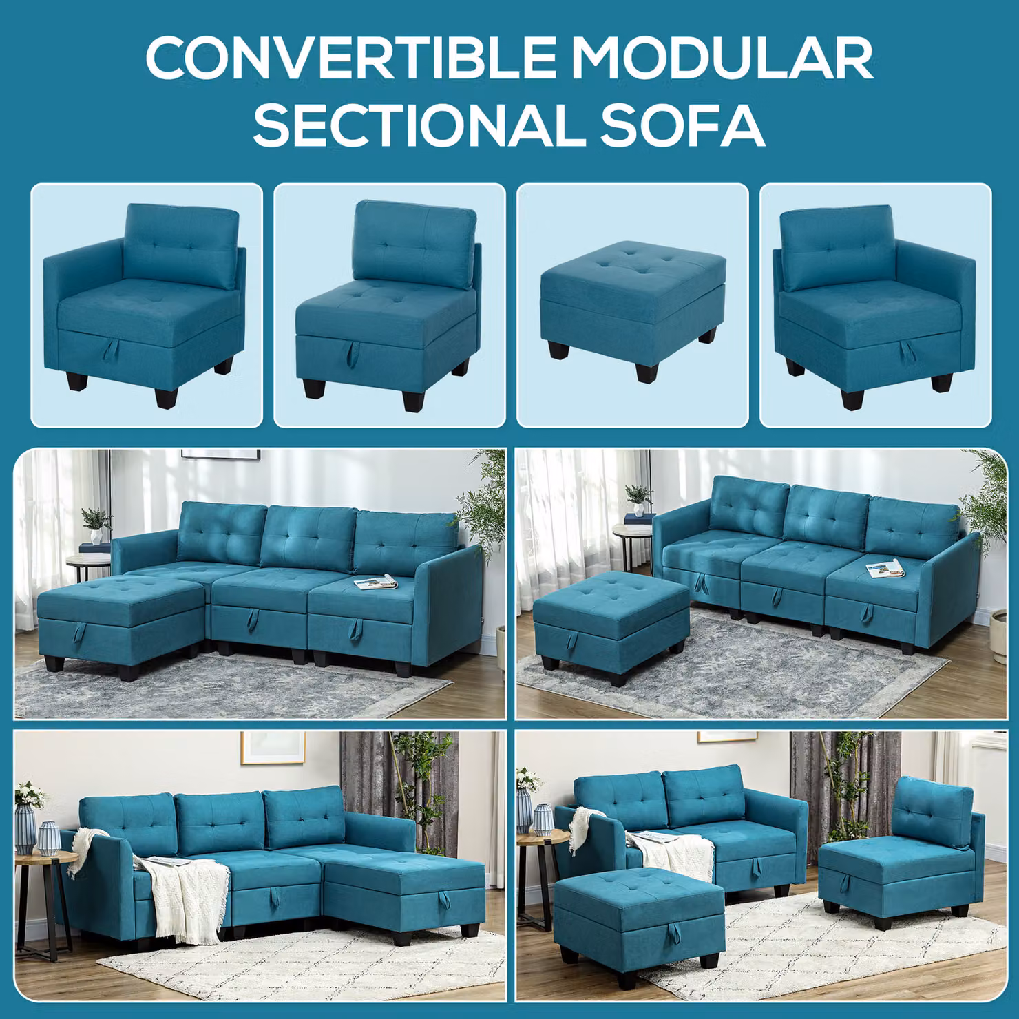 HOMCOM Reversible L-Shape Modular Sofa with Storage in Blue – 4