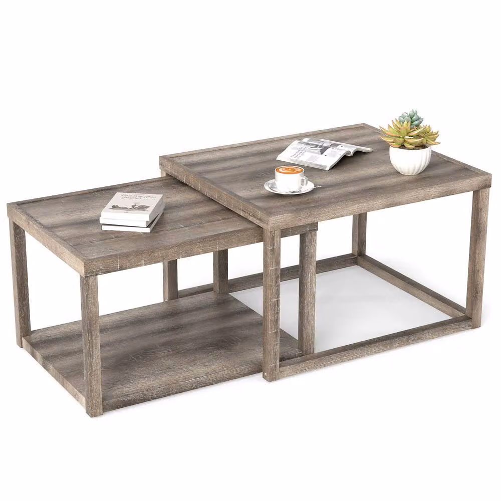 Costway Set of 2 Nesting Rectangular Coffee Tables in Grey Rustic Rubberwood – 2