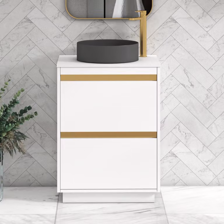 Royal Bathrooms Orion 600mm Matt White Floor Standing 2 Drawer Vanity Unit with Art Round Basin and Brushed Brass Accent Trim