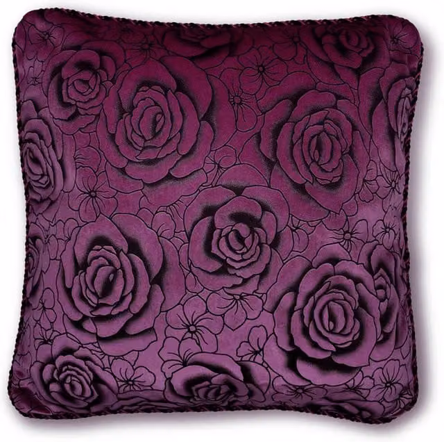 Intimates Flock Rose Square Velvet Cushion in Aubergine Purple