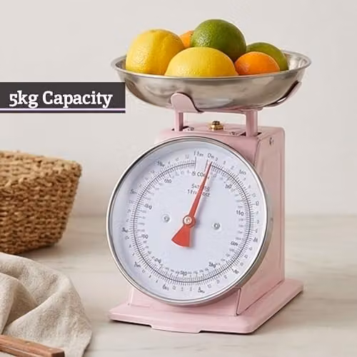 Premier Housewares Pink and Silver Retro Manual Kitchen Scale with Analogue Display, 5kg Capacity – 3