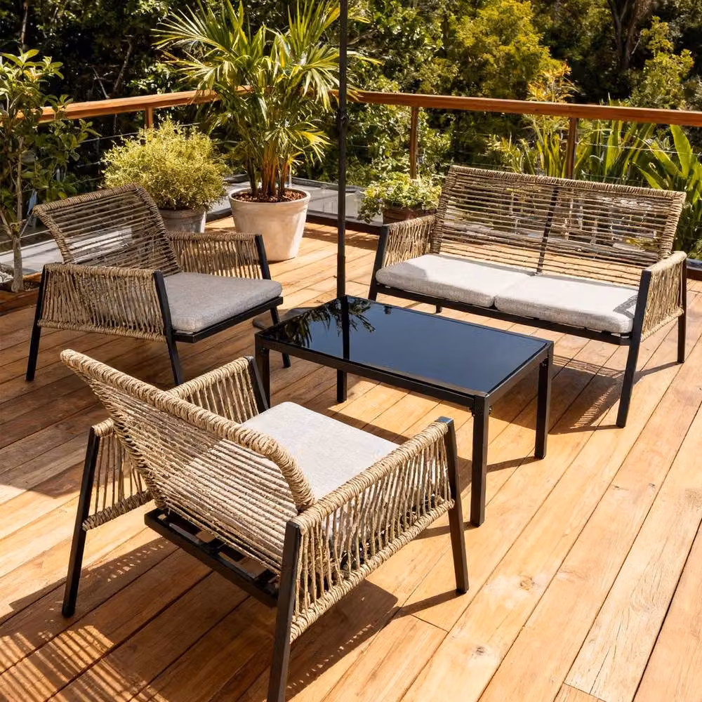 FURNITURE ONE 4 Seater Rattan Garden Furniture Set with Grey Cushions and Glass Coffee Table in Natural – 2