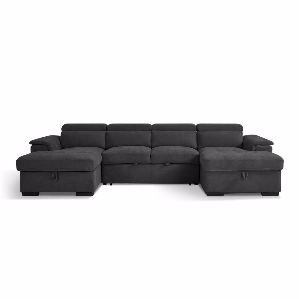 Furnishings For Less UK Large 5 Seater Black Fabric U Shaped Sofa Bed with Tilting Headrest and Storage – 2