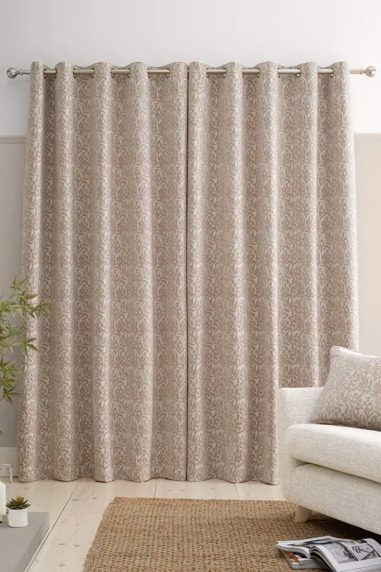 Bianca Chenille Leaves Lined Eyelet Curtains in Natural Beige, Width: 168 cm, Drop: 137 cm