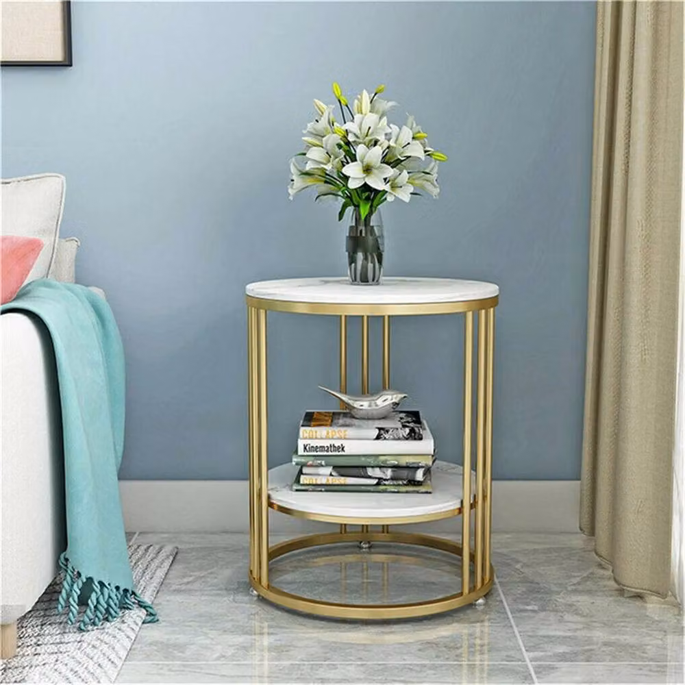 Nordara 2 Tier Round Side Table with White Marble Effect Sintered Stone Top and Gold Frame – 3