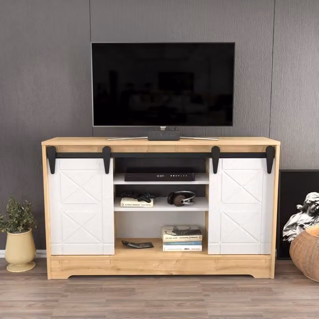 Decorotika Nisay Barn Door TV Unit in Oak and White for TVs up to 140 cm