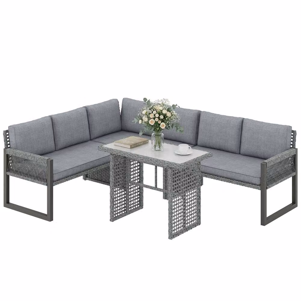 OUTSUNNY 4 Piece Grey Rattan Garden Furniture Set with 3 Loveseats and Glass Table – 2