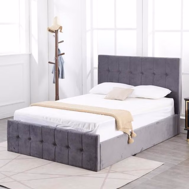 Kosy Koala Milano Grey Velvet Ottoman Storage Bed Frame with Gas Side Lift and Cushioned High Headboard, Small Double, W/D/H: 120 x 200 x 133 cm