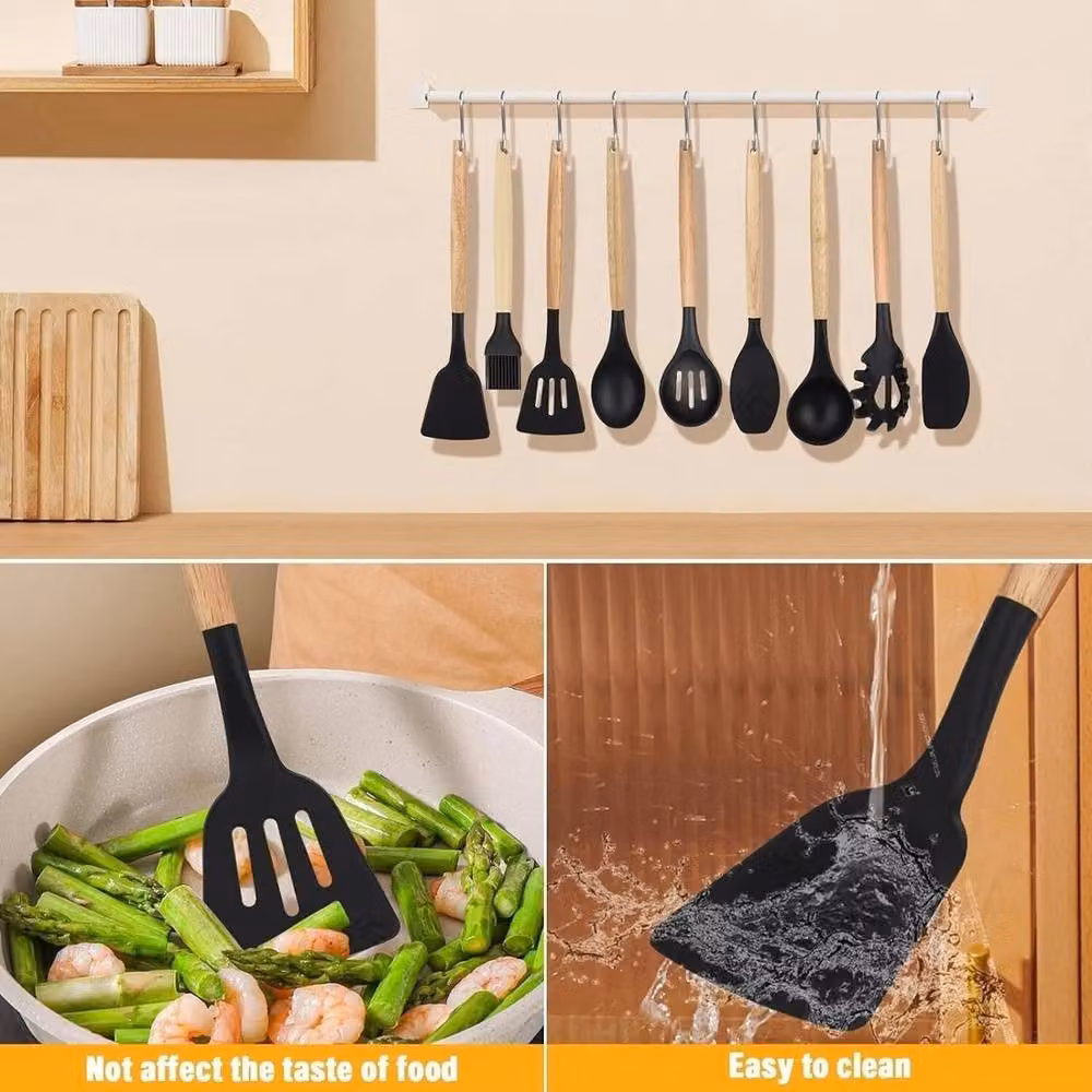 EONLION 12-Piece Black Kitchen Utensils Set with Heat-Resistant Silicone and Wood Tools – 4