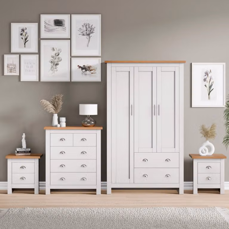 DHS Shaker 4 Piece White Bedroom Set Including Wardrobe, Chest of Drawers and Nightstand
