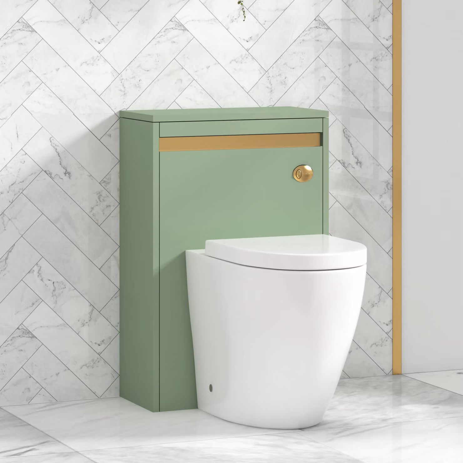 Royal Bathrooms Orion Mint Sage Wall Mounted WC Unit with Elva Rimless Short Projection Toilet Pan, Seat and Cistern, Brushed Brass Trim, Width: 54 cm