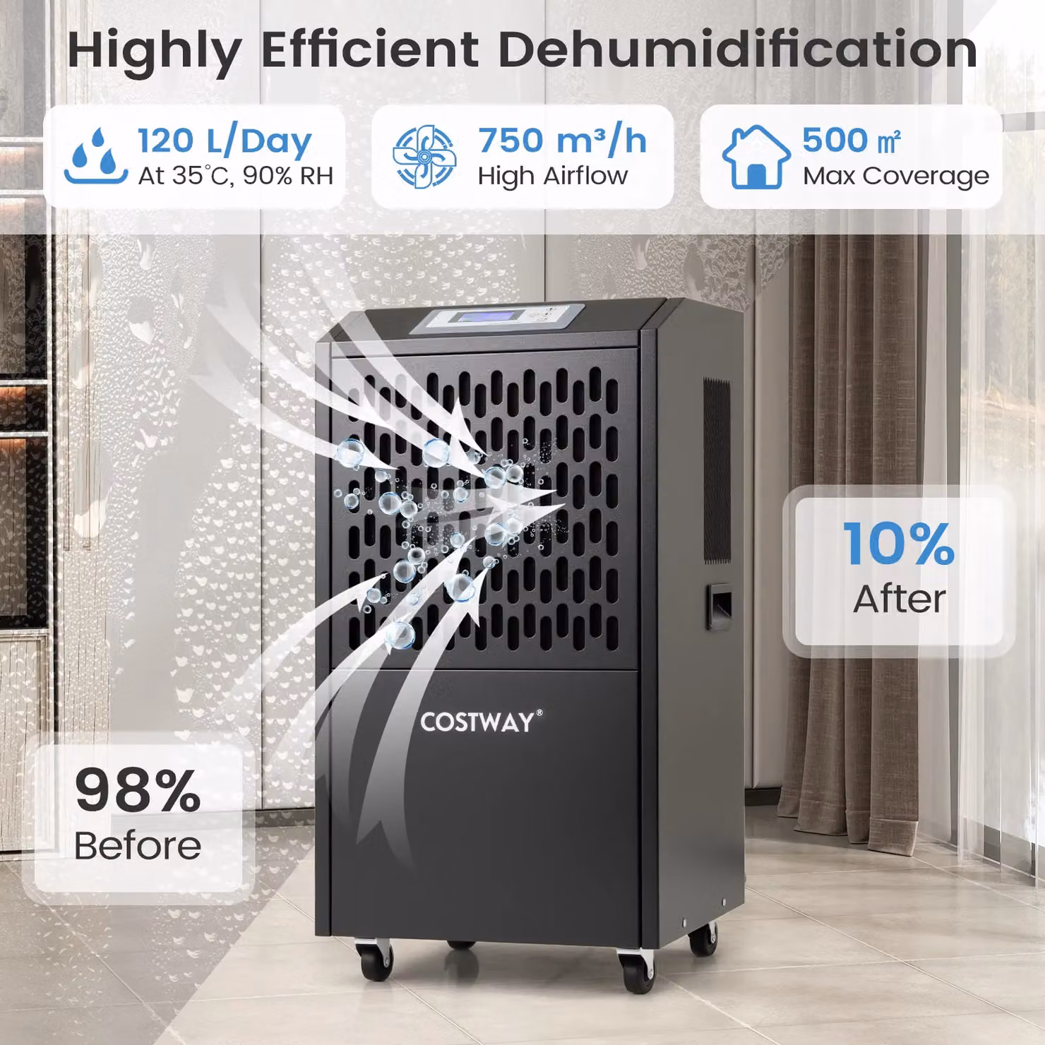 Gymax 120 L Commercial Dehumidifier with Drain Hose and 4 Wheels, Black – 3
