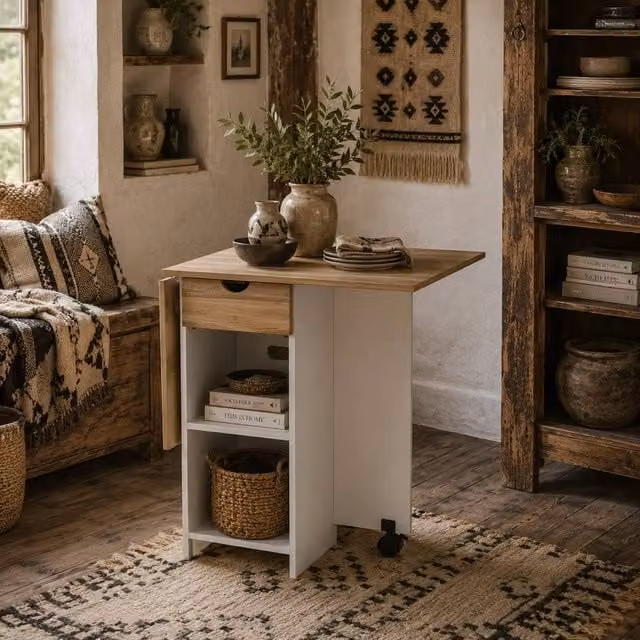Wyld Haus Coyova Drop Leaf Dining Table in Light Oak and White, W/D/H: 120 x 72 x 75 cm