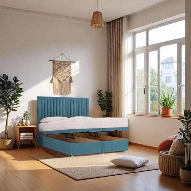 Knight Sleep Emily King Size End Opening Ottoman Bed, Hybrid Mattress and 24 inch Headboard in Light Blue
