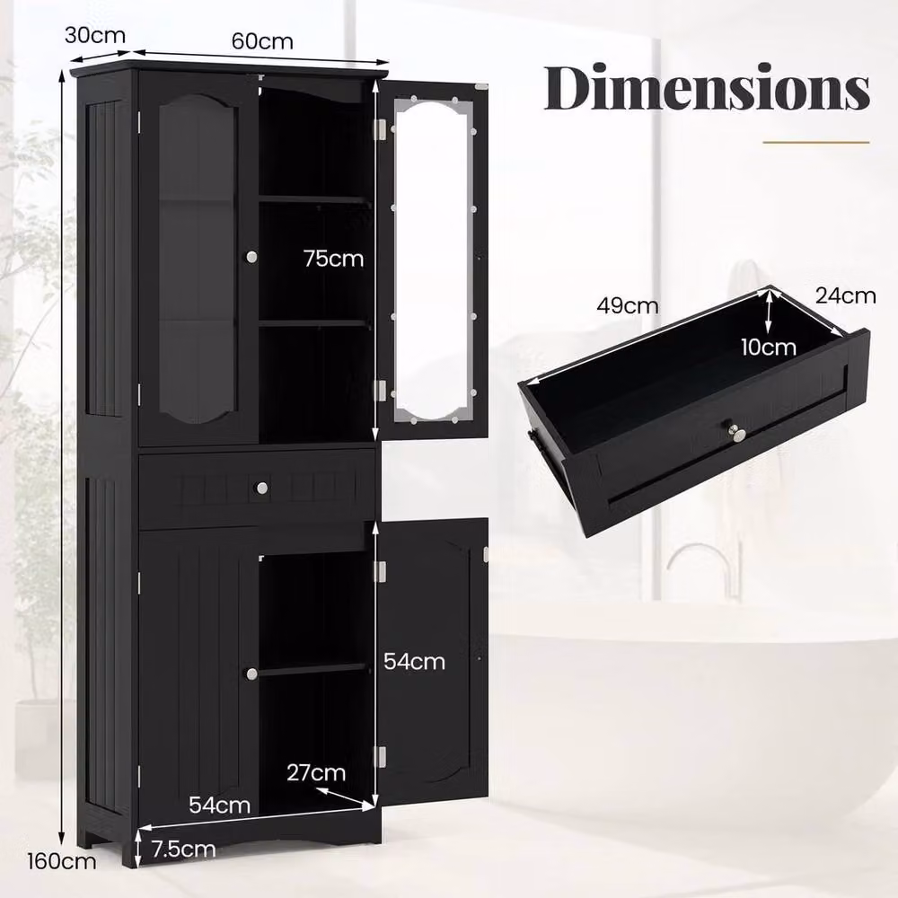 EONLION Modern Black Matt Freestanding Bathroom Storage Cabinet with Glass Doors, Height: 160 cm, Width: 60 cm – 2
