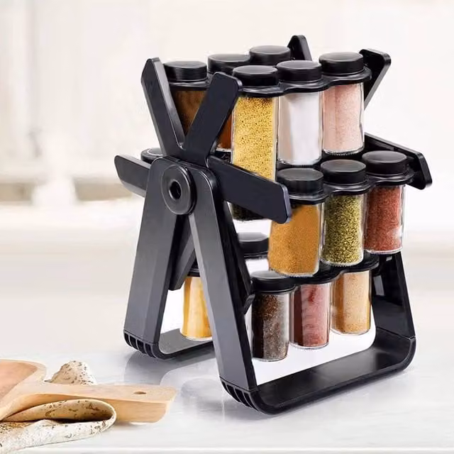 KORVIXA 18-Piece Rotating Freestanding Spice Rack in Black, Width: 20 cm