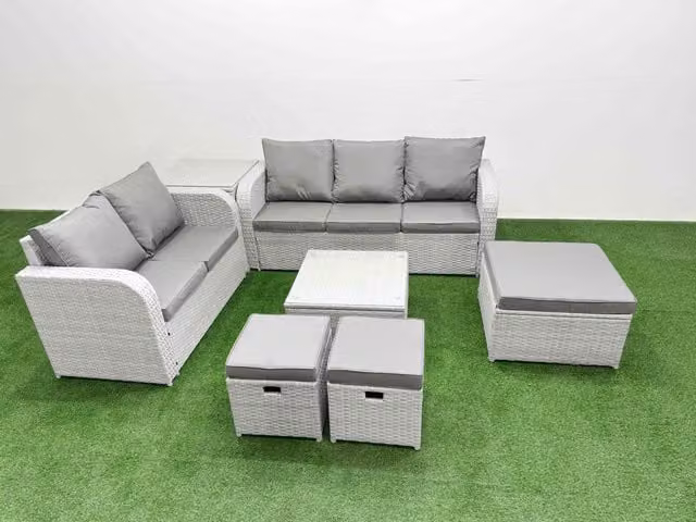 Fimous 8 Seater Grey PE Rattan Wicker Garden Furniture Set with 3 Seater Sofa, Love Seat, Square Coffee Table and 3 Ottomans
