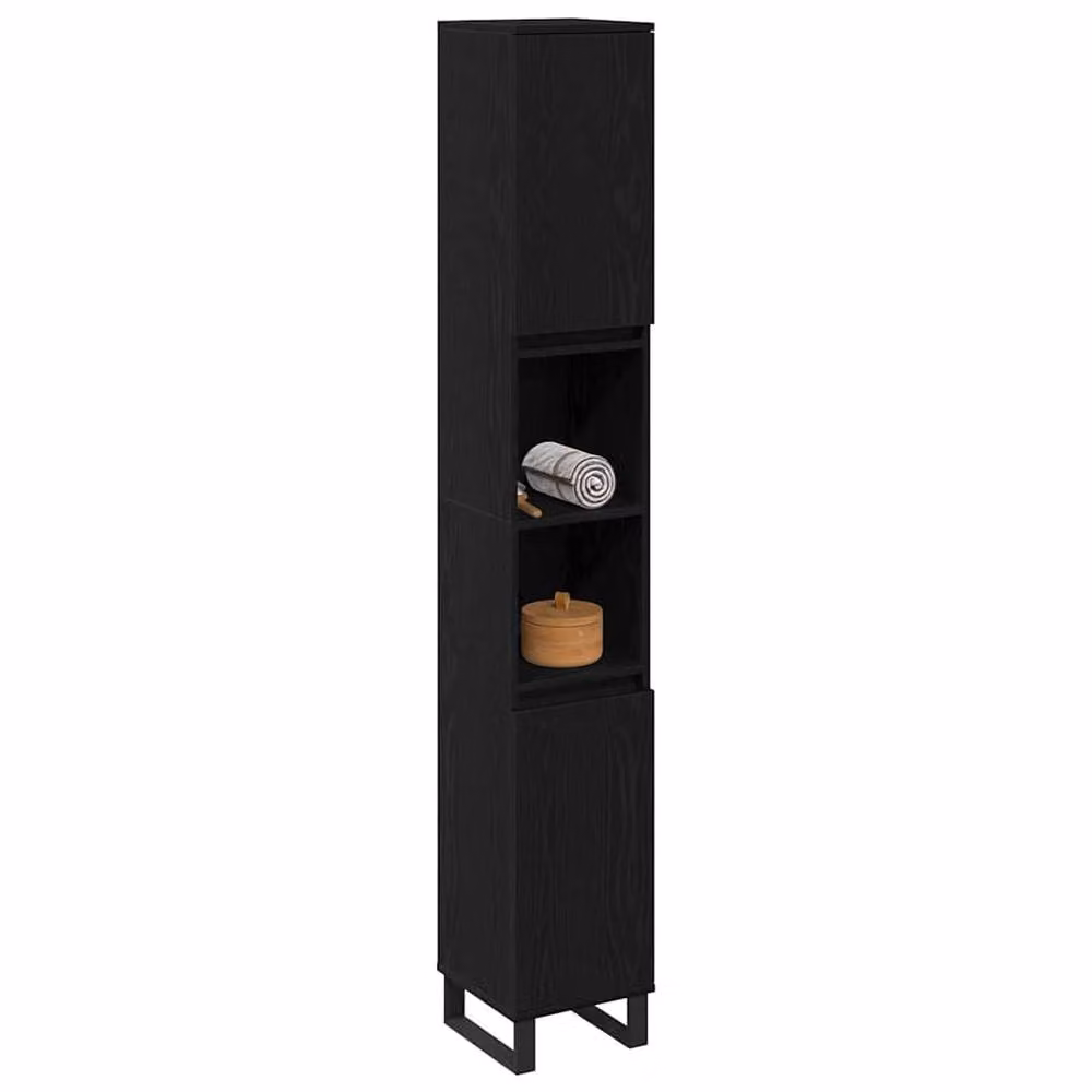 Berkfield Home Black Oak Bathroom Cabinet with Hinged Doors and Open Shelf, W/D/H: 30 x 30 x 190 cm – 3