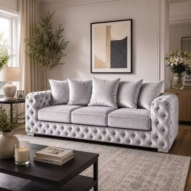 Stratus Interiors Ashley Chesterfield 3 Seater Scatter Back Sofa in Silver Plush Velvet – 1