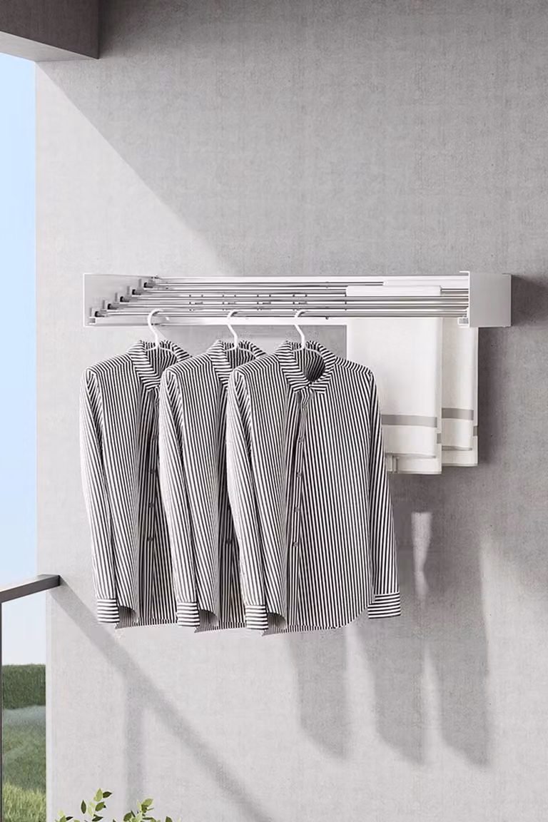 Living and Home 5-Rod Space-Saving Wall Mounted Towel Drying Rack with Shelf, White Aluminium Metal