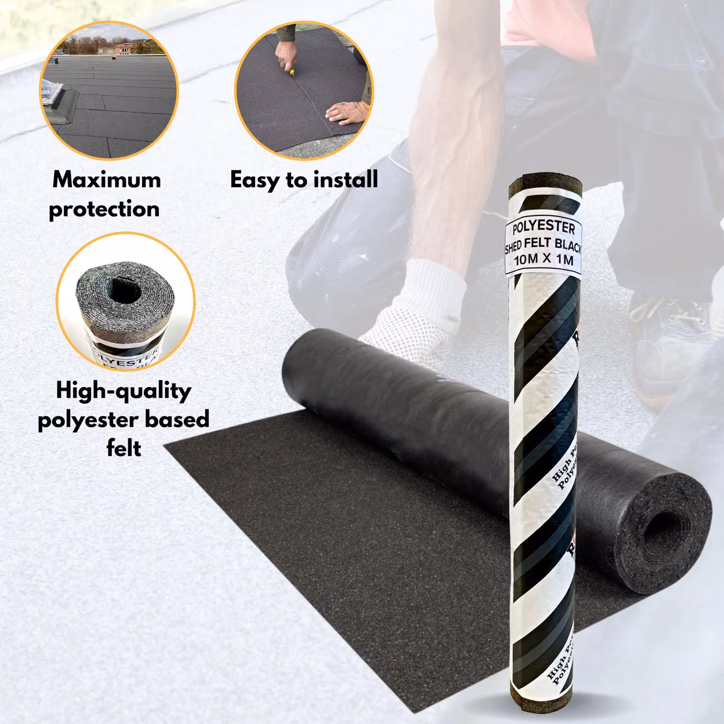 Novecrafto Heavy-Duty Polyester Shed Roofing Felt, Black, W: 1 m, L: 10 m – 2