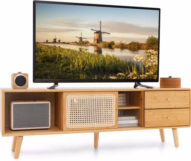 Costway Modern Brown Wood and Bamboo TV Console Table