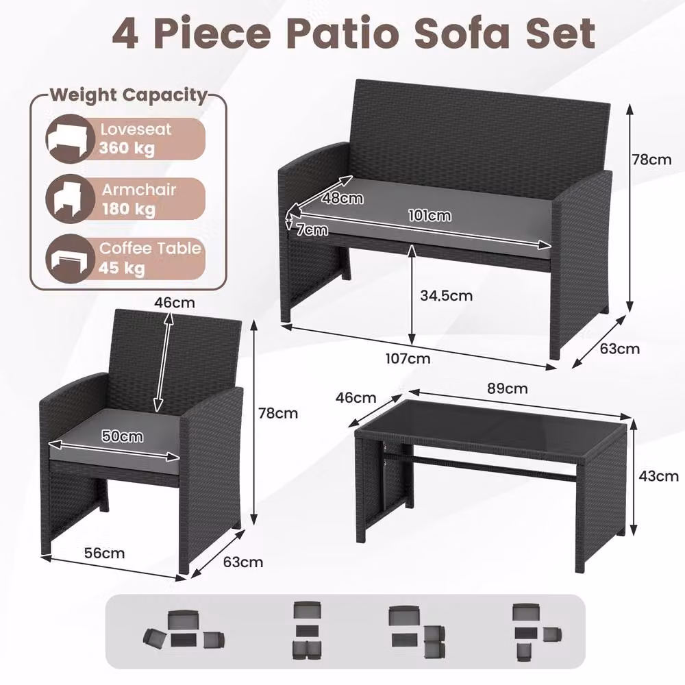 Costway 4-Piece Grey Polyrattan Patio Conversation Set with Upholstered Cushions and Coffee Table – 2