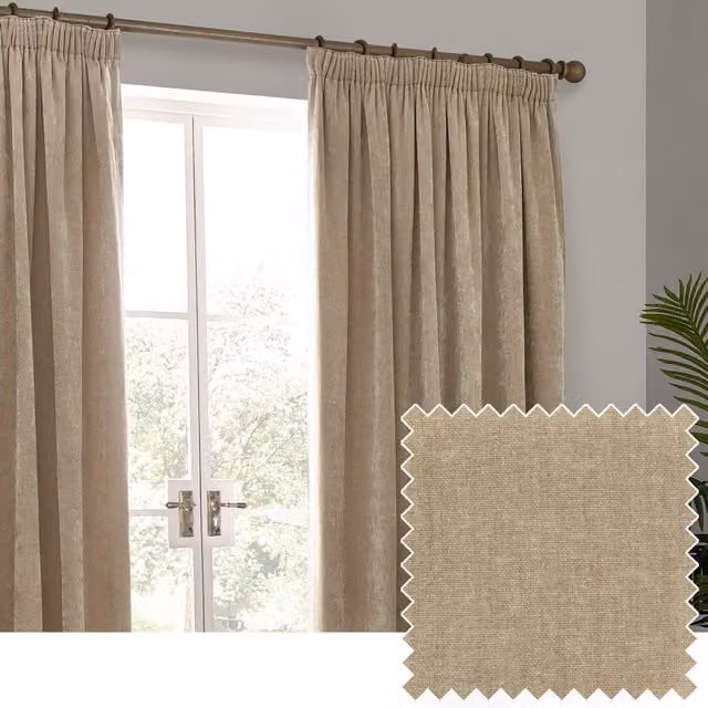Make It A Home Heavy Chenille Velvet Pencil Pleat Curtains in Beige and Yellow, W: 137 cm, H: 229 cm