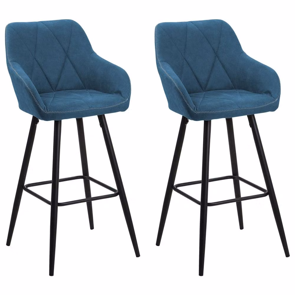 Wyld and Coco Blue Diamond Stitched Bar Stool Set of 2 with Padded Back and Black Metal Frame – 2