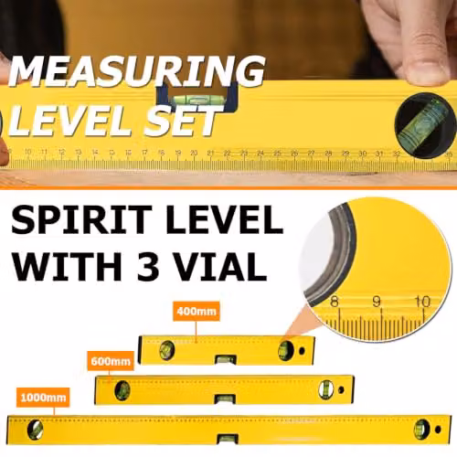 ATEK 3-Piece Magnetic Spirit Level Set in Yellow, Aluminum Alloy with Shockproof Design – 7