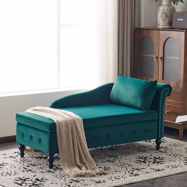 BTM Velvet Chaise Lounge with Storage and Pillow, Right Armrest, Green, W/D/H: 162.5 x 62 x 69 cm