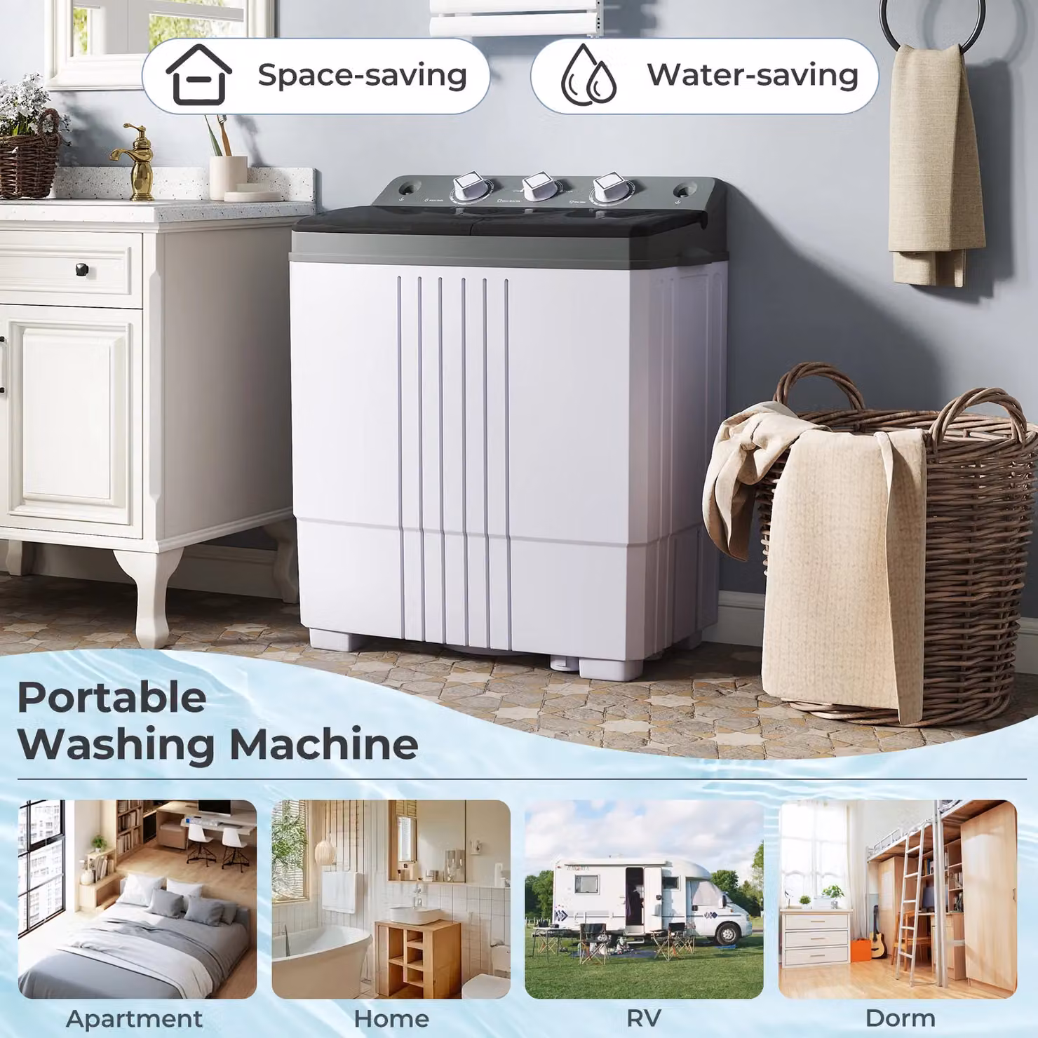 Costway Portable Twin Tub Washing Machine, 8kg Capacity, Grey – 4